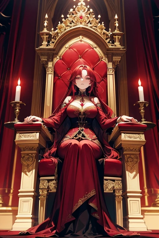 A beautiful red-haired woman, a princess, a tiara with blue emerald gems, a throne, a palace, (best quality,4k,8k,highres,masterpiece:1.2),ultra-detailed,(realistic,photorealistic,photo-realistic:1.37),intricate details,extremely detailed face and eyes,beautiful detailed lips,longeyelashes,elegant royal gown,flowing red hair,regal pose,ornate throne room,grand palace architecture,dramatic lighting,vibrant colors,fantasy art
