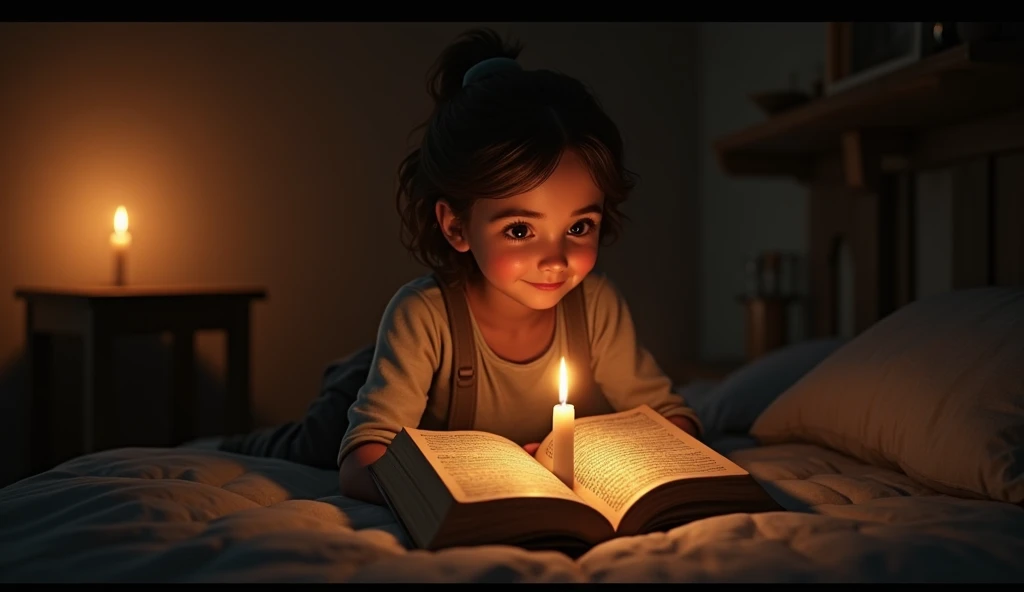 (Photorealism 1.2) best quality 4k high definition realistic super high kid reading book/ light from candle at back wood house dark background