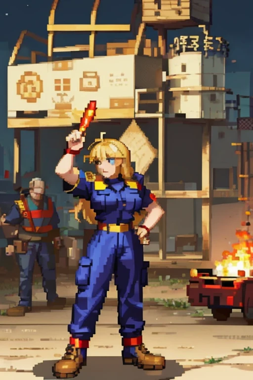 a woman with blond hair, Wearing firefighter clothes in a fire in the 2000s.  with a full body.
