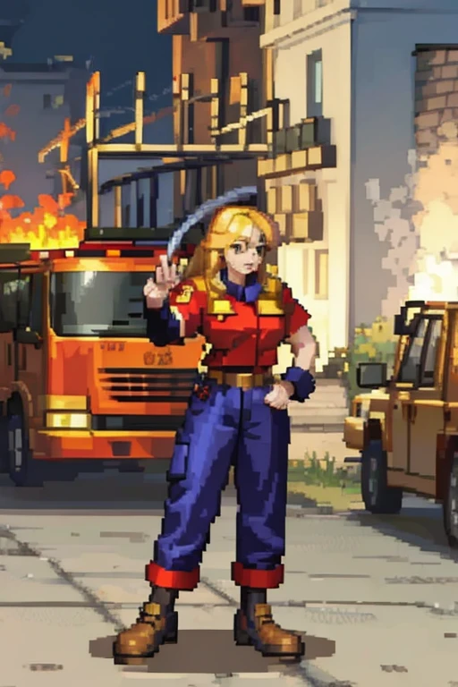 a woman with blond hair, Wearing firefighter clothes in a fire in the 2000s.  with a full body.
