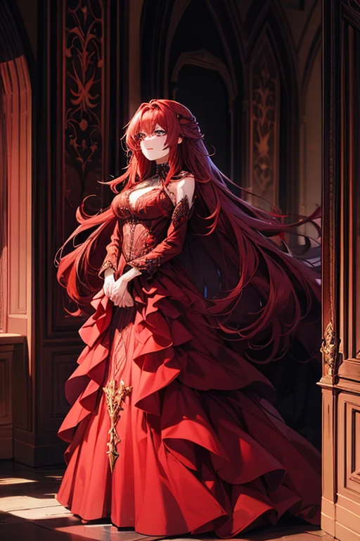 A stunning red-haired woman with long, flowing crimson hair, wearing an elegant and magical outfit. Her eyes glow with a mysterious ruby hue, and she stands in a majestic gothic-style room with a throne behind her, surrounded by mystical energy.