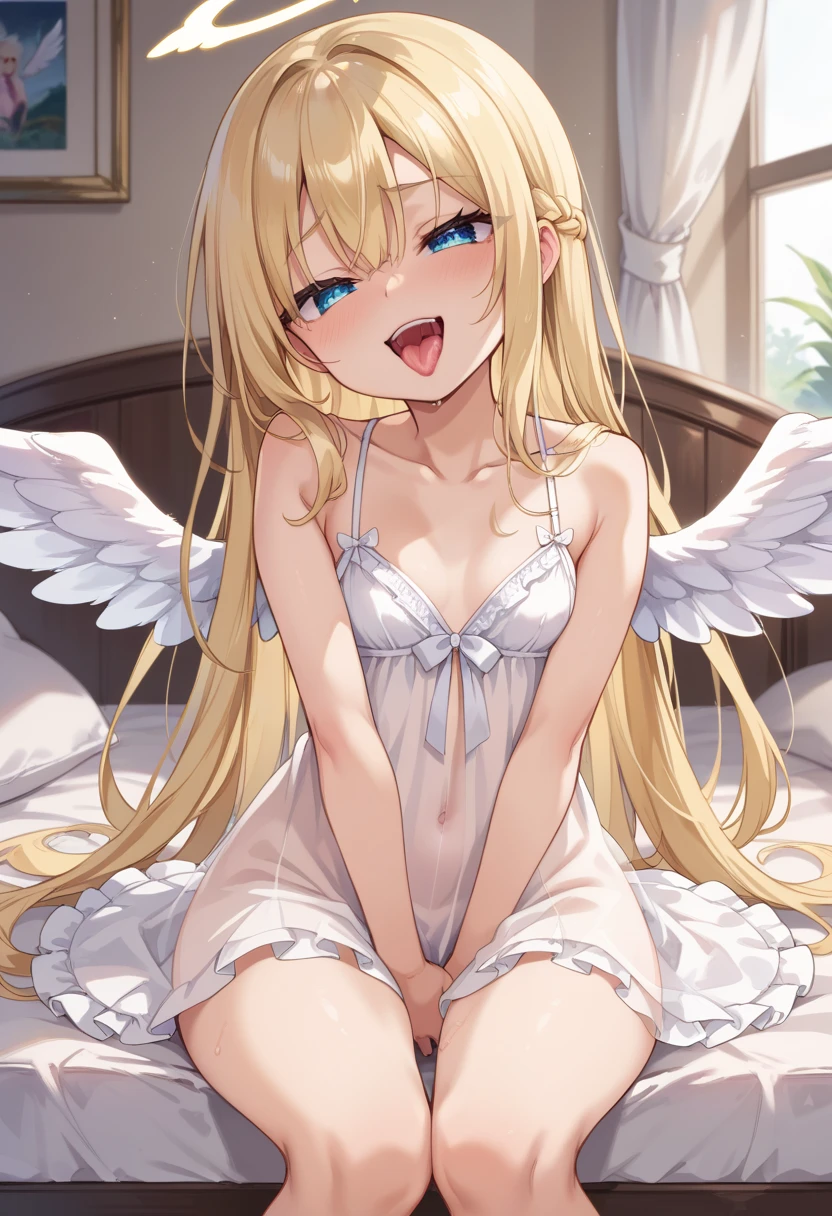 Score_9, score_8_up, 4k, 8k, detailed face, source_anime, smug angel girl with small breasts, pretty girl, skimpy outfit, ass, pert ass, thick thighs, blonde hair, long hair, (butakoma 300g), angel wings, white outfit, white doll,