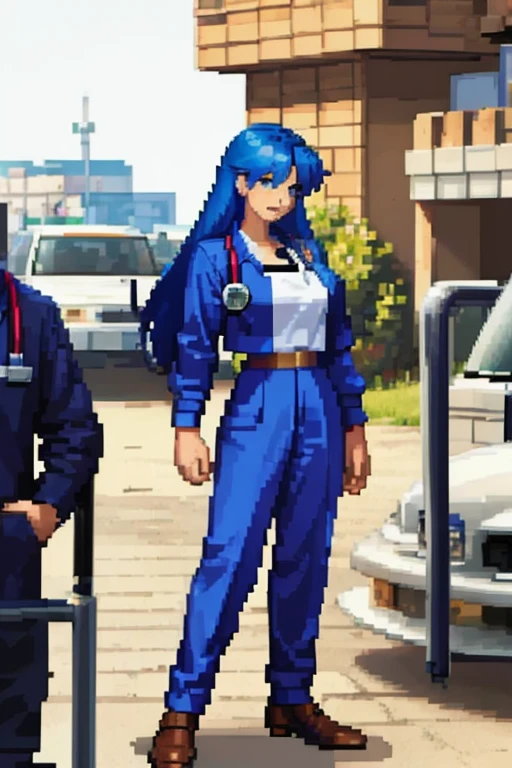 a woman with blue hair, With doctor's clothes in a hospital from the 2000s.  with a full body.
