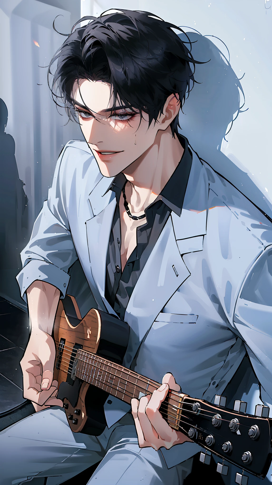 (masterpiece, 8k, high quality, best quality:1.6), 1boy, solo, short hair, black hair, asymmetrical fringe, handsome, sharp eyes, (mature male, mature:1.2), male focus, fashionable, tucked in open collared shirt, gray pants, necklace, outdoors, (playing guitar), smile, long eyelashes, soft shadows, perfect anatomy