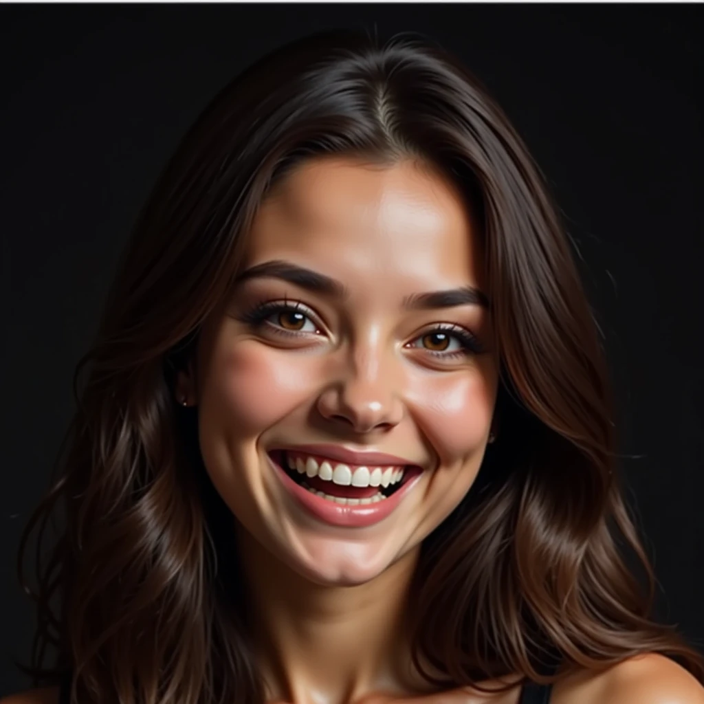 (((realistic)))(((Hyperrealism)))((( masterpiece))), ((( maximum quality ))) ((( maximum definition)))((( maximum resolution )))(((extra detailed)))(((maximum realism))) beautiful SofiLobos, MEDIUM SHOT , Expression of a lot of happiness, Laughing out loud , dark brown hair , brown eyes, dark background
