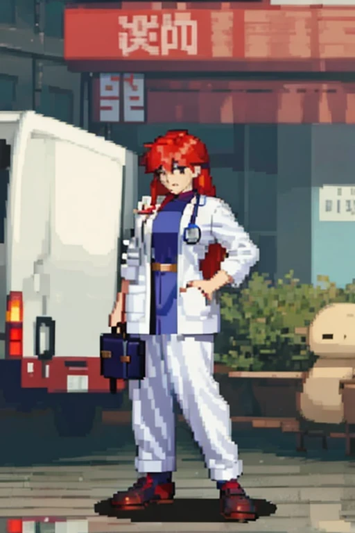 A woman with red hair, Wearing doctor's clothes with lab coats and white pants in a hospital from the 2000s.  with a full body.
