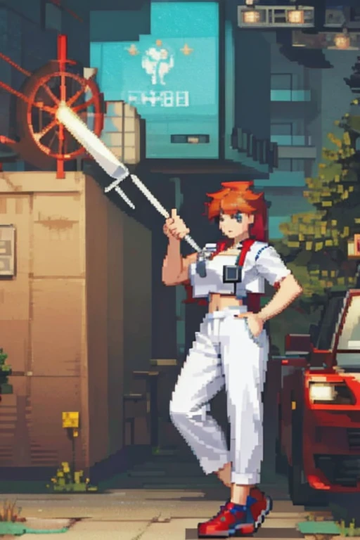 A woman with red hair, Wearing doctor's clothes with lab coats and white pants in a hospital from the 2000s.  with a full body.
