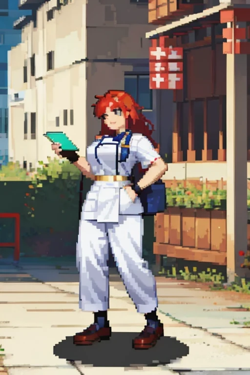 A woman with red hair, Wearing doctor's clothes with lab coats and white pants in a hospital from the 2000s.  with a full body.
