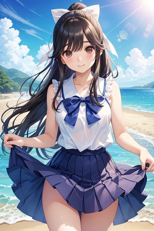 Takane Manaka、   shiny brown long hair、  ribbon ponytail、  beautiful brown eyes  、smile、Sparkling Eyes, (fine grain)、  very detailed eyes、  very pretty face ,   very detailed eyes, masterpiece,   best quality,   High Definition to keep your legs loosely aligned , (  best quality,masterpiece:1.2),Alone,Alone、  cowboy shooting alone、nsfw,

  medium breasts,  beautiful legs,  Realistic Pictures、  yellow micro bikini、((Midsummer Sea、  lens flare 、Outdoor))