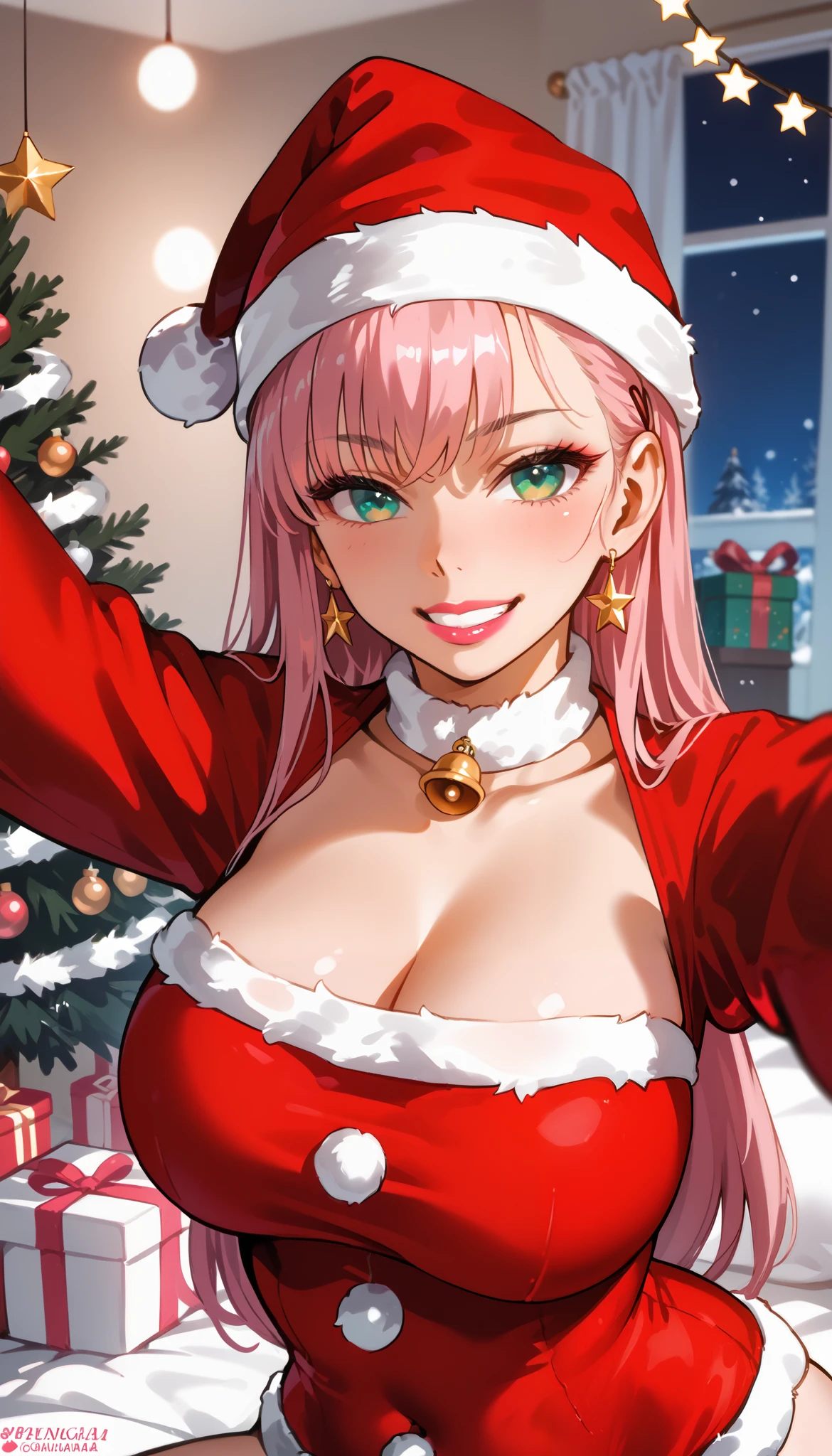 A female, pink long hair, eyebrow straight, eyeliner classic, ((blue:1.3)) ((green:0.7)) eyes, bimbo light pink lipstick, side little grin, Santa Claus suit, sexy pose, hyper sexy body ((bust ratio: 86DD)), [[pear shape body]], ((view selfie)), sitting on a pink gamingchair, into red gamingroom, pink neon lighting, little christmas tree, during by night. [[High quality]]. [[High detail]]. [[High resolution]]. [[Soft colors]]. [[Soft lighting]]. [[Digital Art]]. [[Retina]].