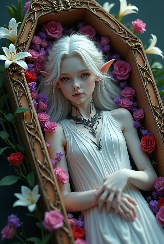 Elf female , in dress ornate, white hair, deer horns on her head, elven goddess dragon age, perfectly proportioned body , flowers , leaves, white deer, omnilight , Ross Tran , Wlop , intricate detail ,dark background , HD. Photography <lora:4x_RealisticRescaler_100000_G:1> <lora:epiNoiseoffset_v2:1>