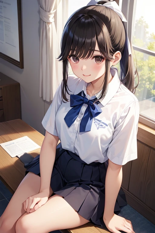 Takane Manaka、   shiny brown long hair、  ribbon ponytail、  beautiful brown eyes  、smile、Sparkling Eyes, (fine grain)、  very detailed eyes、  very pretty face ,   very detailed eyes, masterpiece,   best quality,   High Definition to keep your legs loosely aligned , (  best quality,masterpiece:1.2),Alone,Alone、  cowboy shot 、nsfw,


  Down Blouse Facing the Ground ,     slouching , Polished , From the side ,  ,in classroom,Short sleeve white school blouse shirt,  detailed embellished bra  ,   short hair,I'm sitting on a chair and writing on a notepad