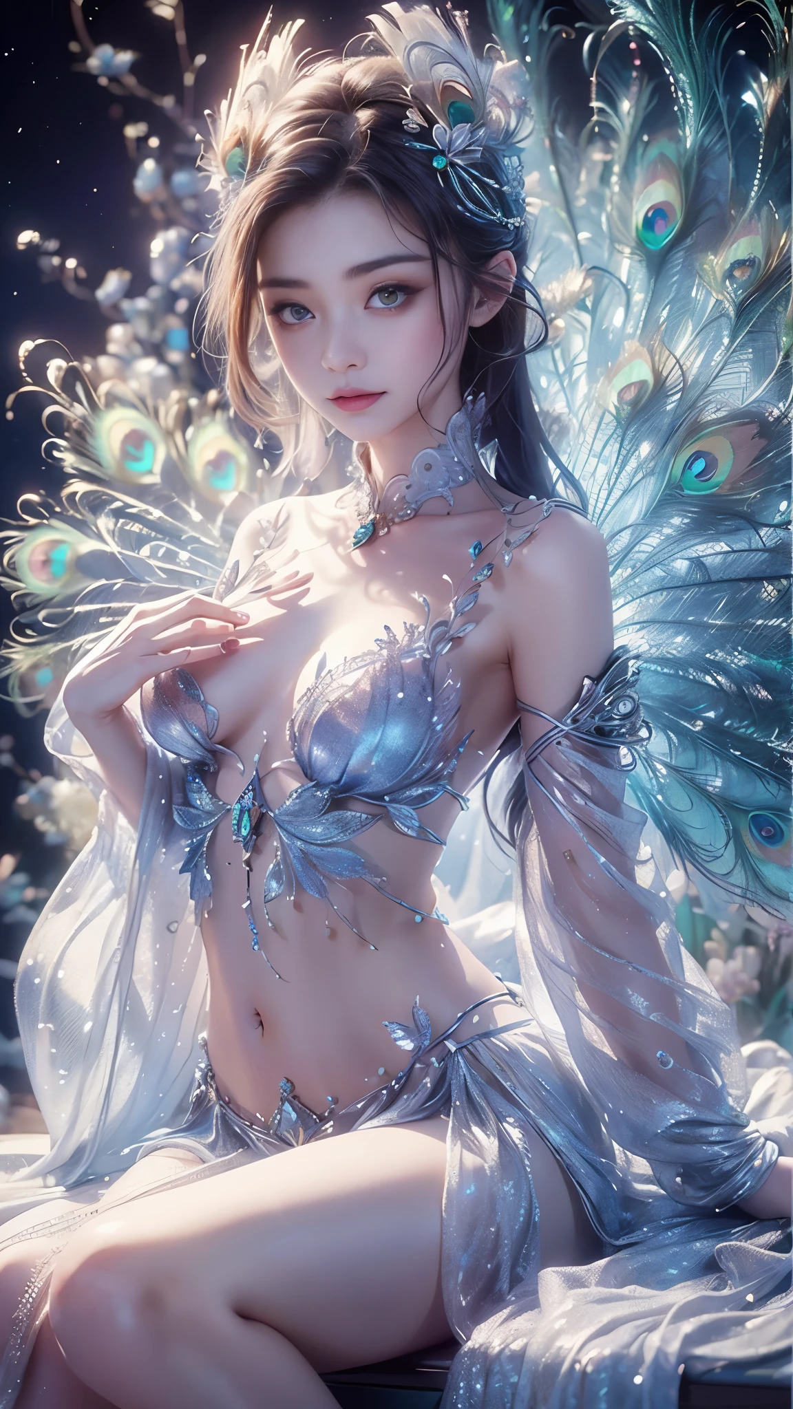 4K, UHD, masterpiece, 1 girl, ((good face)), detailed eyes, very long hair, ((small breasts)), ((peacock clothing)), ((silver clothing)), ((strap clothing)), ((silver lace)), ((navel)), ((peacock wings)), ((ornaments)), ((fpeacock petticoat)), ((bare hip)), butterfly, fantasy creative art, ultra detailed, details, ultimate details, amazing magnificence, in the beautiful dargen, birds, Pedaipan style, glowing light, bloom, ray tracing, ((upper body)), sitting,