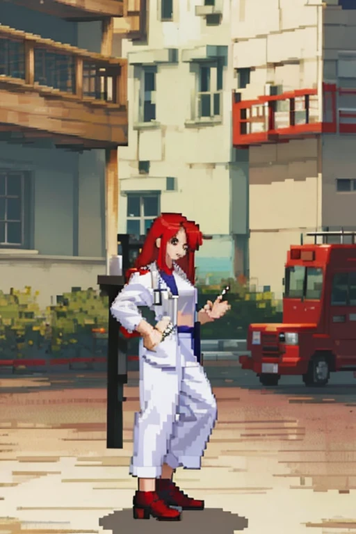 A woman with red hair, Wearing doctor clothes with lab coats and pants in a hospital from the 2000s.  with a full body.
