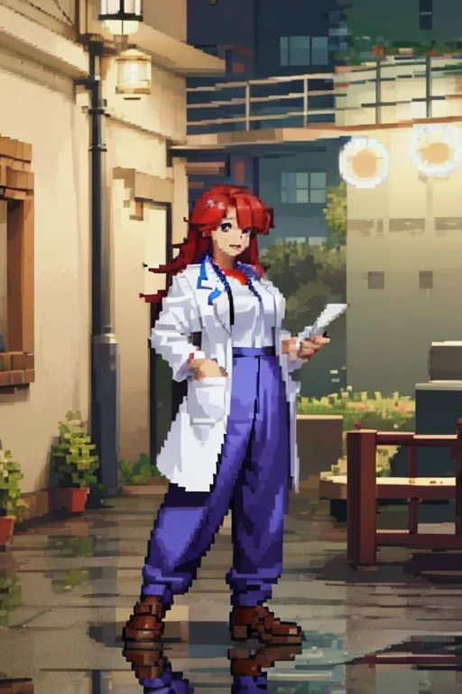 A woman with red hair, Wearing doctor clothes with lab coats and pants in a hospital from the 2000s.  with a full body.
