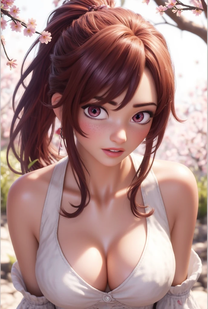 1girl, realistic, (looking at viewer:1), (ulzzang-6500:0.66), thighs, bare legs, dappled sunlight, best quality, ultra high res, (photorealistic:1.4), YaeMiko, fox ears, short hair, pink hair,  yae_sakura, jewelry, cherry blossoms, (smile:1), bare_shoulders, hair_ornament, purple_eyes,  , detached_sleeves, , detailed eyes,, (light smile:1), , (small breasts:1.4), , (bare upper body:1.4), , (puffy nipples:1),, arms behind back,