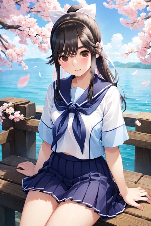 Takane Manaka、 光沢のある茶色の  long hair、  ribbon ponytail、  beautiful brown eyes  、smile、Sparkling Eyes, (fine grain)、  very detailed eyes、  very pretty face ,   very detailed eyes, masterpiece,   best quality,   High Definition to keep your legs loosely aligned , (  best quality,masterpiece:1.2),Alone,Alone、  cowboy shot 、nsfw,


,    headphones ,  , Teen,    Serious Face   ,     Short-sleeved White Sailor Suit  、   navy blue mini pleated skirt  、  Super Miniskirt 、Bare thighs、. She is sitting at a shrine,cherry blossoms,cherry blossoms並木,  long hair,Glowing White Skin,  long hair