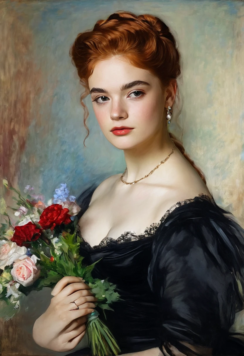 young Sophie Alexandra Skelton in a black dress with a bouquet of flowers, Portrait of an actress, red hair, inspired by Franz Xaver Winterhalter , Portrait of Lolita, Auguste Renoir , Degas, portrait of a young empress , young woman , , portrait of young woman