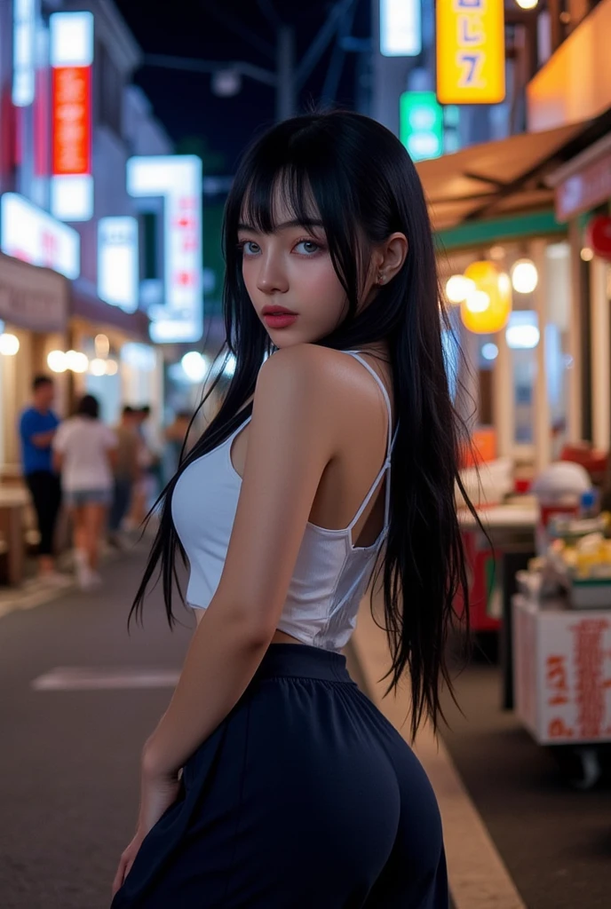 A beautiful woman in gyaru makeup wearing school uniform on the bustling streets of Gintama, surrounded by vendors, beautiful portrait of a stunning goddess girl, beautiful detailed face, porcelain skin, half body shot, centered,(black hai,navel:1.2),((moonlight,night,big neons,strong neon lighting,rim lighting,two tone lighting))),