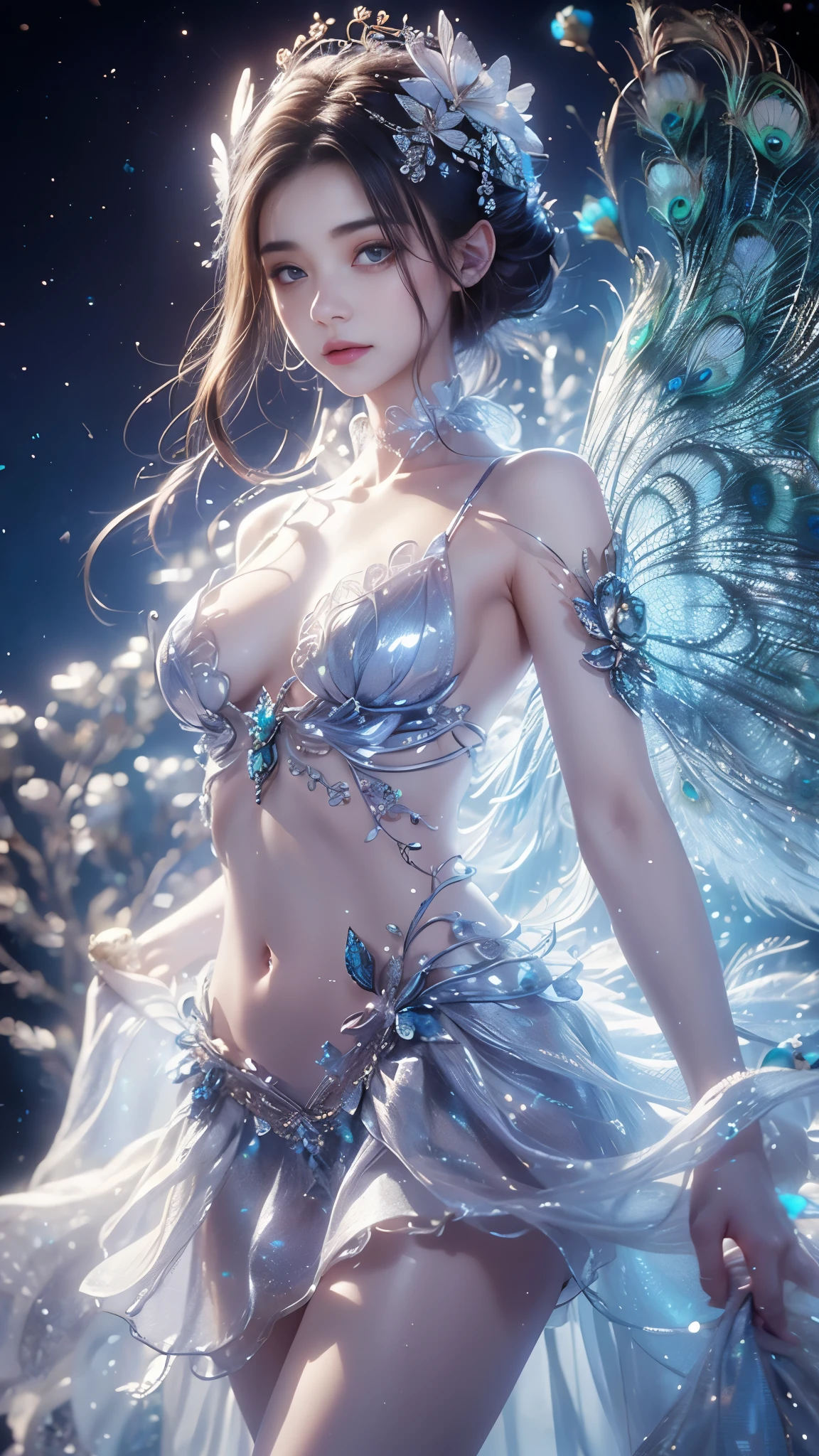 4K, UHD, masterpiece, 1 girl, ((good face)), detailed eyes, very long hair, ((small breasts)), ((peacock clothing)), ((silver clothing)), ((strap clothing)), ((silver lace)), ((navel)), ((peacock wings)), ((ornaments)), ((fpeacock petticoat)), ((bare hip)), butterfly, fantasy creative art, ultra detailed, details, ultimate details, amazing magnificence, in the beautiful dargen, birds, Pedaipan style, glowing light, bloom, ray tracing, ((upper body)),