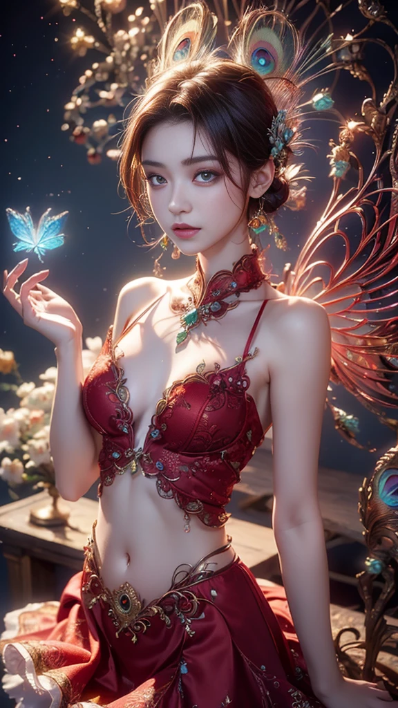 4K, UHD, masterpiece, 1 girl, ((good face)), detailed eyes, very long hair, ((small breasts)), ((peacock clothing)), ((red clothing)), ((strap clothing)), ((red lace)), ((navel)), ((peacock wings)), ((ornaments)), ((fpeacock petticoat)), ((bare hip)), butterfly, fantasy creative art, ultra detailed, details, ultimate details, amazing magnificence, in the beautiful dargen, birds, Pedaipan style, glowing light, bloom, ray tracing, ((upper body)),