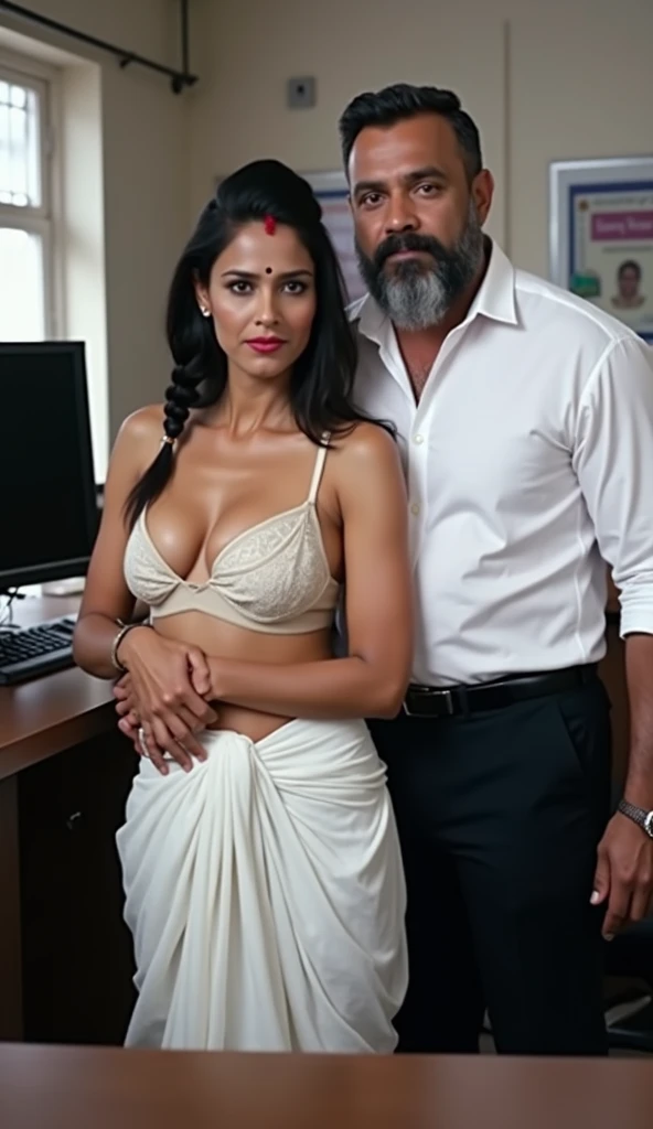 Hot indian girl aged 24 on white shirt removing button black bra visiable and pant hugged by old man