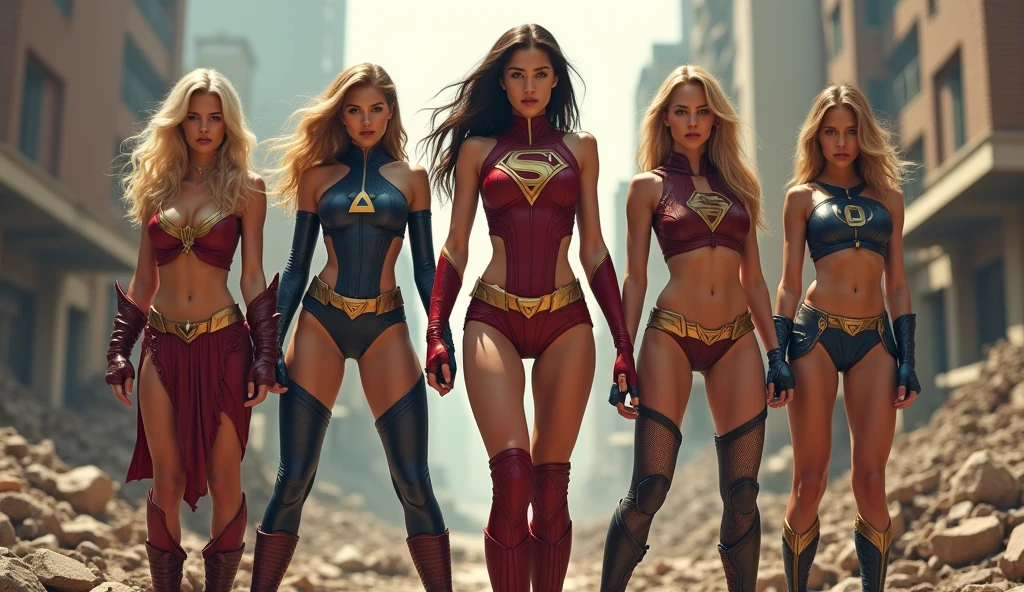((Full body photo, standing, feet on the floor)) score_9, score_8_up, score_7_up, score_6_up, 3girls, harley quinn (colored hair, thigh-high gladiator sandal boots, red lingerie and black, navel :1.1) (black hair, back to Supergirl, thigh-high gladiator sandal boots, blue lingerie, navel :1.1) . Wonder Woman (black hair, her back is turned to Supergirl, thigh-high gladiator sandal boots, blue lingerie, navel :1.1) and Supergirl (blonde hair, red and gold lingerie, gladiator sandals that reach halfway up her thighs, level:1.3),
