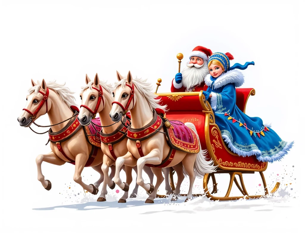 Vector illustration in a traditional Russian style of Ded Moroz and Snegurochka in a red, gold-decorated sleigh. Ded Moroz holds his staff, while Snegurochka, in a blue fur-trimmed gown and kokoshnik, sits beside him. The sleigh is pulled by three galloping horses with ornate harnesses. A plain white background highlights the vibrant colors and folklore charm.