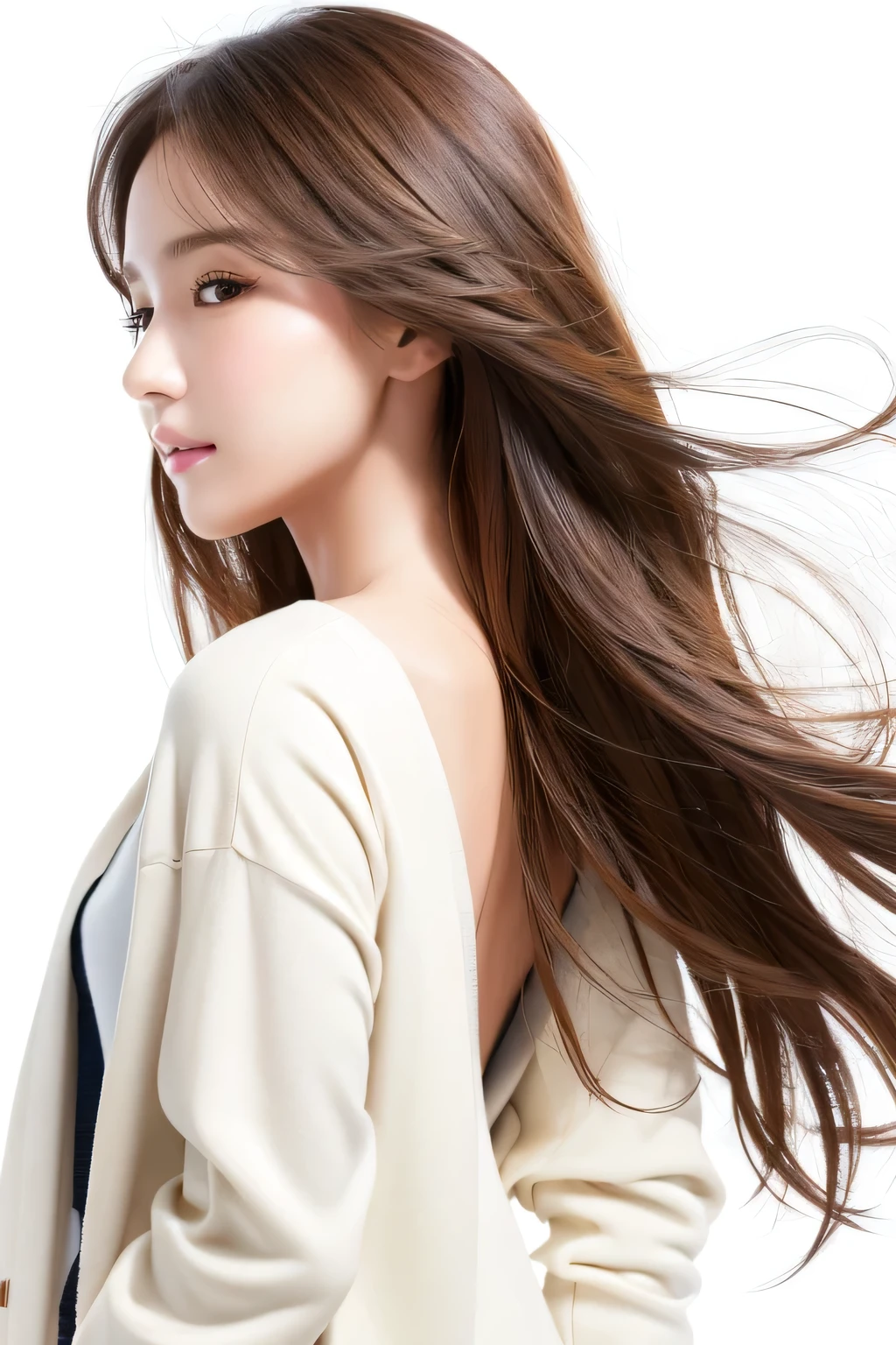(  best quality 、 table top naked underneath the jacket、8k、 Max image 、 Award-winning works )、(( profile:1.4))、、(( long hair:1.46)),( brown hair)、(white casual clothes :1.2)、( simple pure white background :1.3)、(Perfectly fixed in front:1.1),( Portrait with Space:1.2)、 back view、Beautiful and exquisite、 Completely-valid、 super high definition beautiful face、 ultra HD hair、Ultra HD Shining Eyes、 super high quality glossy lips、 accurate anatomy、 very beautiful skin 、(Pure white skin shining in ultra-high resolution:1.1)、(Very bright:1.2), BIG NATURAL COLOR LIPS、 lip gloss ,Harajuku、cute、Cute Beauty