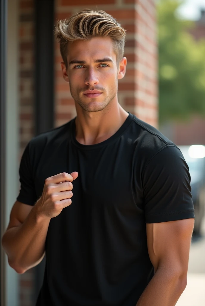 hyperealistic photo A ((full body)) shot of a atractive men. light brown hair with dark blonde highlights on top and sides, clean-shaven face, hazel eyes, wearing a black t-shirt and shorts. The man is 30 years old, sporty body like a swimmer, looking at the camera, ((full body shot)), ultra-realistic photograph captured, high-resolution quality ,detailed face, 8k