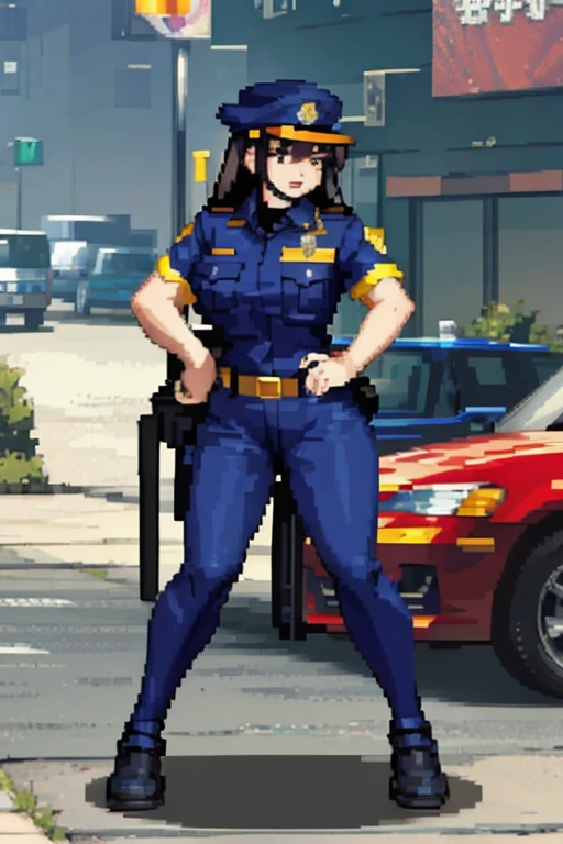 a woman with black hair, wearing police clothes in a police station from the 2000s.  with a full body.
