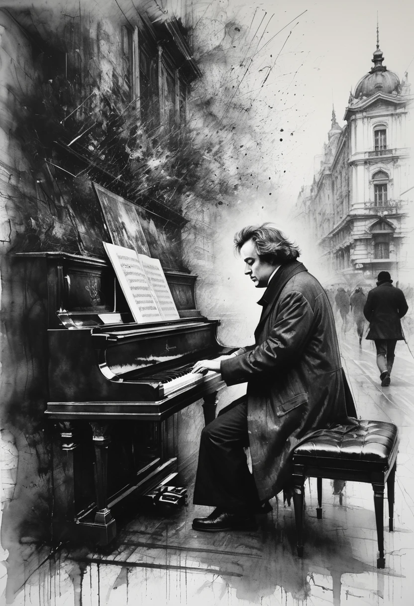 Charcoal drawing, crayon, black pencil drawing, pencil drawing, black and white drawing, graphite drawing, portrait, close-up, full body, Vienna; A large multicolored street panel of Ludwig van Beethoven playing the piano. portrait of Willem Henraets watercolor wet- on-wet technique and splatter center perfect composition abstraction surrealism Charcoal drawing painting in the style of artists such as Russ Mills Sakimichan Vlop Leush Artgerm, Darek Zabrocki and Jean-Baptiste Monge,