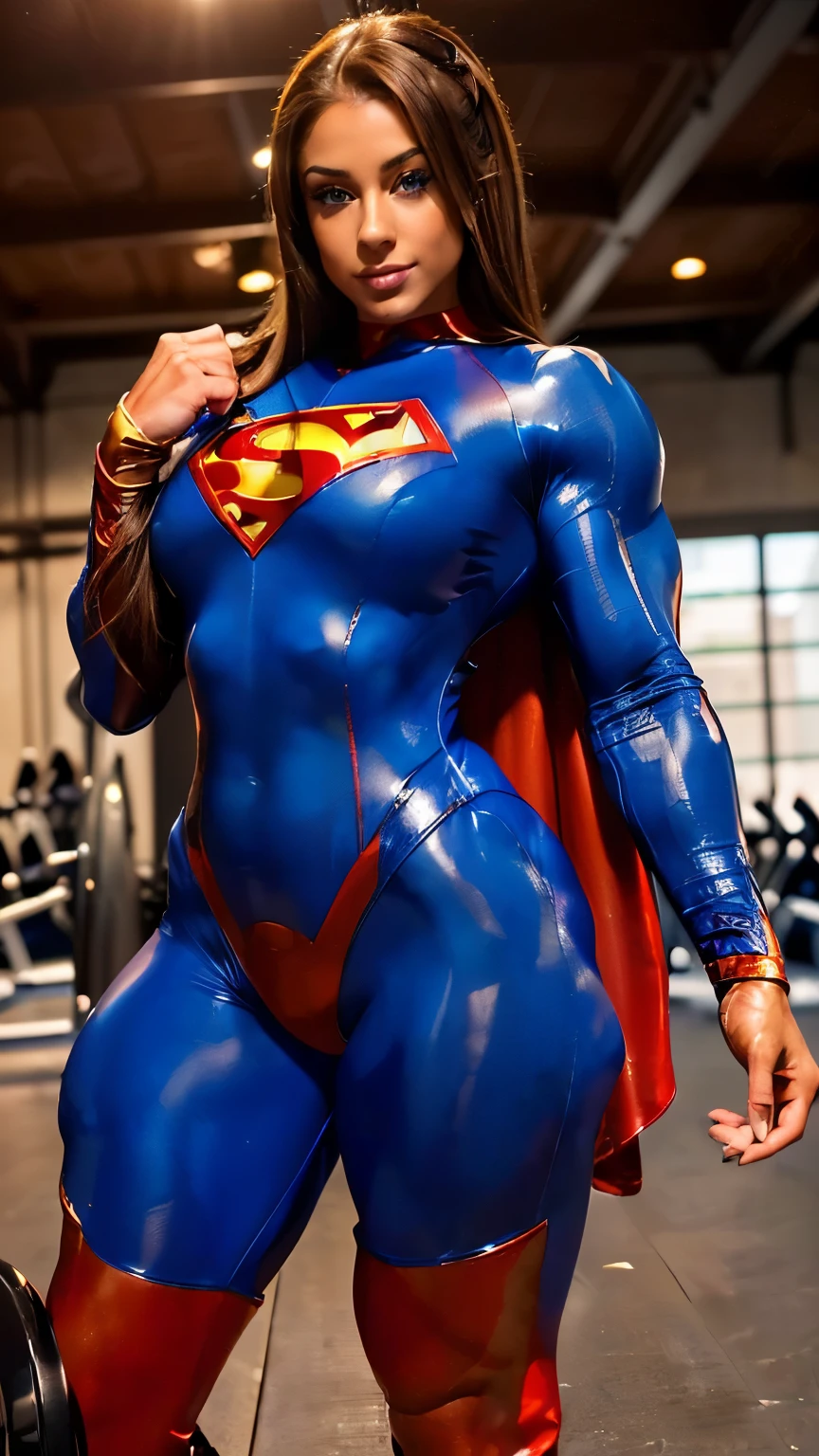(((SKINTIGHT GLOSSY ZENTAI CATSUIT BODYSUIT))) beautiful woman in Superman costume, Heroic, blue eyes, Cape, Particle, Red boots, Sexy Pose, ifbb pro bodybuilder, beautiful makeup and long lashes, wearing a sinfully tight revealing BODYSUIT,brown hair with blonde streaks AND PONYTAIL, huge cleavage, ultra high detail, bodybuilding stage detail, photo quality, beautiful girl, best quality, ultra-detailed, masterpiece, finely detail, realistic skin texture, 85 mm art lens, f 1.2, sharp focus, 8 k high definition, insanely detailed, intricate, shallow depth of field, sharp focus on the subject, well balanced exposition. detailed face, 35mm lens, (lipstick) gorgeous girl, smile, sexy, dark skin, jacked VASCULAR POWERFUL body, various poses. sharp focus,A beautiful youthful looking American version of Ariana Grande as a 20 years old girl with long hair with a ponytail. American inspired superhero wearing her costume suit witch looks like a comic superhero suit. she is smiling for the camera (massive muscles:1.2), (best quality:1.4), highly detailed illustrations, ((1 Girl)) , ((veins bulging:1.4)) official art, unity 8k wallpaper, ultra detailed, beautiful and aesthetic,(huge arms:1.9) best quality, (SUPER STRONG:1.1) , intricate detail,((bulking:1.9)),(MASSIVE round SHOULDERS:1.9,(pro body builder:1.9), muscular, PECS, sexy, 6 abs, (bigger muscles than superman:1.1) (((CAMELTOE)))