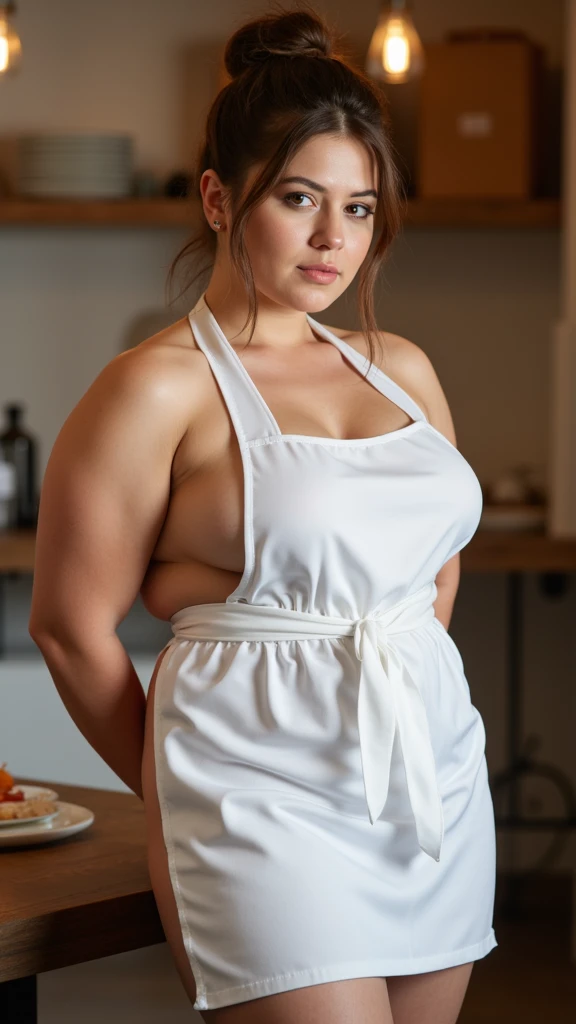 Beautiful young woman, 25 years old, chubby, chubby girl, overweight, gorgeous face, light freckles, irish redhead, braided wavy long ginger hair, pale skin, skin imperfections, skin dentation, detailed eyes, grey eyes, big breasts, wide hips, sharp Focus, ultra high quality, curvy body, crazy details, interesting shooting angle, (wearing apron), 8k uhd wallpaper, masterpiece, artwork photography, (photorealistic:1.37), (cooking in the kitchen), surprised expression, profile view