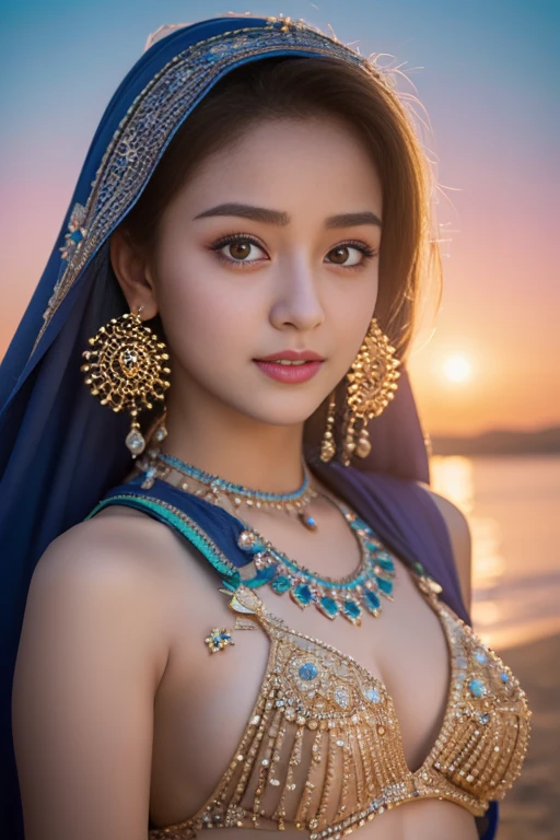 4K, UHD, masterpiece, 1 Indian young girl with a good face, detailed eyes, detailed lips, very long straight hair, beautiful hair with ornaments and hairband, gradient hair. She is wearing a colorful bikini with intricate patterns, on a beach. The scene includes depth of field, ray tracing, and ultra-realistic detail."