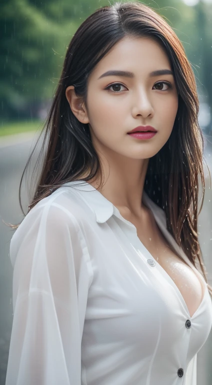 ((Best Quality, 8K, Masterpiece:1.3)), Focus: 1.2, Perfect Body Beauty: 1.4, Buttocks: 1.2, ((Layered Haircut, Breasts: 1.2)), (Wet Clothes: 1.1) , (Rain, Street:1.3), Bandeau Dress: 1.1, Highly Detailed Face and Skin Texture, Delicate Eyes, Double Eyelids, Whitened Skin, Long Hair