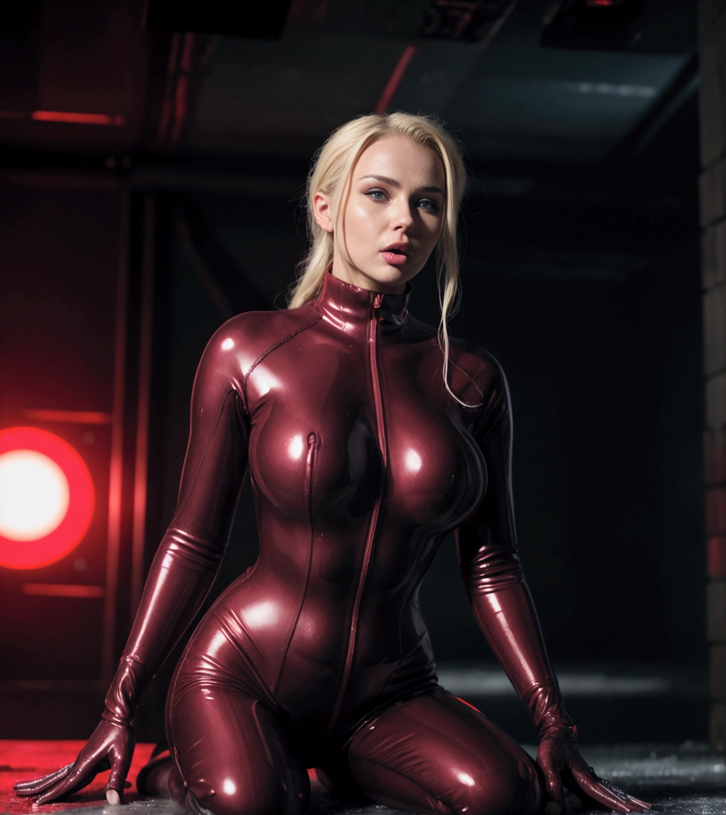 Sexy, intense, woman in a sexy translucent red latex starfleet uniform, sexy seductive kneeling pose, (((straddling the viewer))), erotic, powerful, bare legs, cleavage, blonde bombshell, short hair, athletic, (((eye contact))), (((looking into camera))), (((seducing the viewer))), well lit, (((reaching toward the viewer))), embracing the viewer, pov from below, almost naked, extreme angle from below