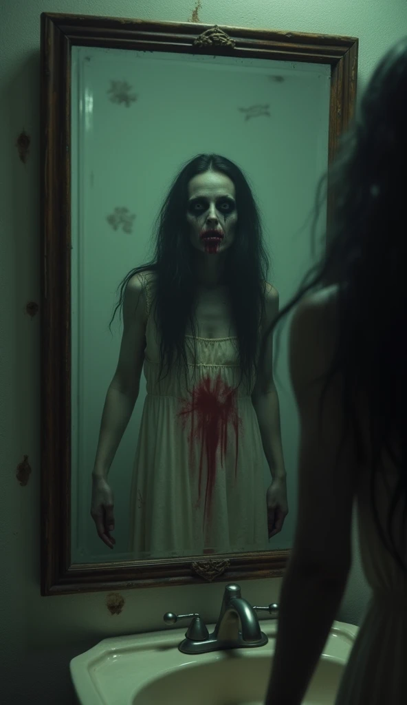 Woman with a terrible and frightening appearance appears in a mirror in an asymmetrical way to scare, inspire fear and terror.