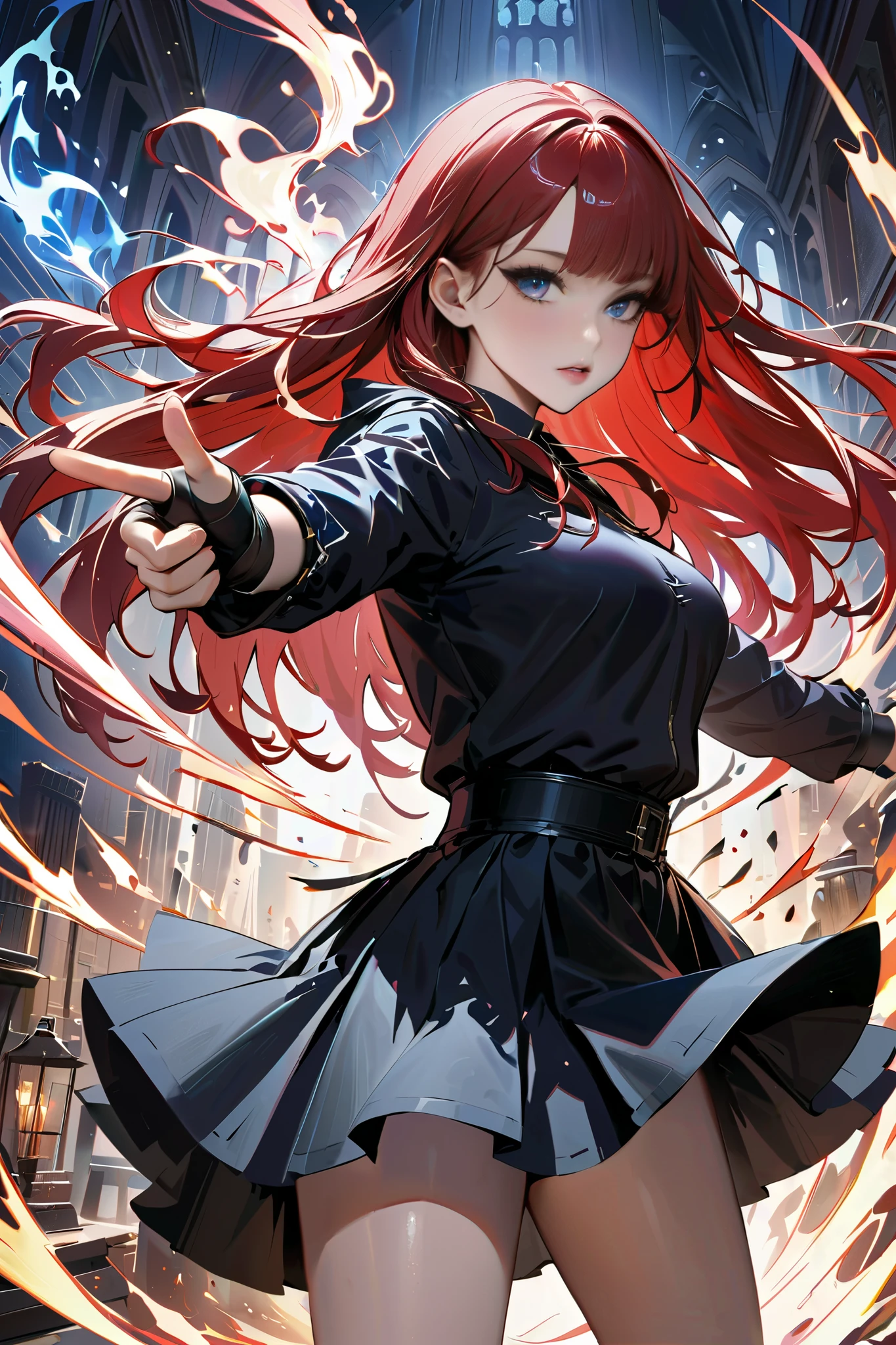 A skirt that floats up with magic and black inner shorts underneath, Black inner shorts in a skirt with a glimpse of the skirt,from side,wizard using flame magic, finger gun,fingerless gloves, magic activation, action, dynamic composition, Dynamic composition,dutch angle,Miniskirt,hand,Beautiful thighs,{{fight}},{{masterpiece}}, {{{Highest quality}}},{{Very detailed}},Straight hair,Long hair ,Red Hair, blunt bangs,Blue eyes