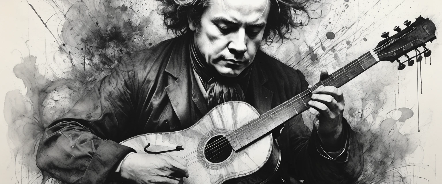 Charcoal drawing, crayon, black pencil drawing, pencil drawing, black and white drawing, graphite drawing, portrait, close-up, full body, Vienna; A large multicolored street panel of Ludwig van Beethoven playing the guitar. portrait of Willem Henraets watercolor wet- on-wet technique and splatter center perfect composition abstraction surrealism Charcoal drawing painting in the style of artists such as Russ Mills Sakimichan Vlop Leush Artgerm, Darek Zabrocki and Jean-Baptiste Monge,