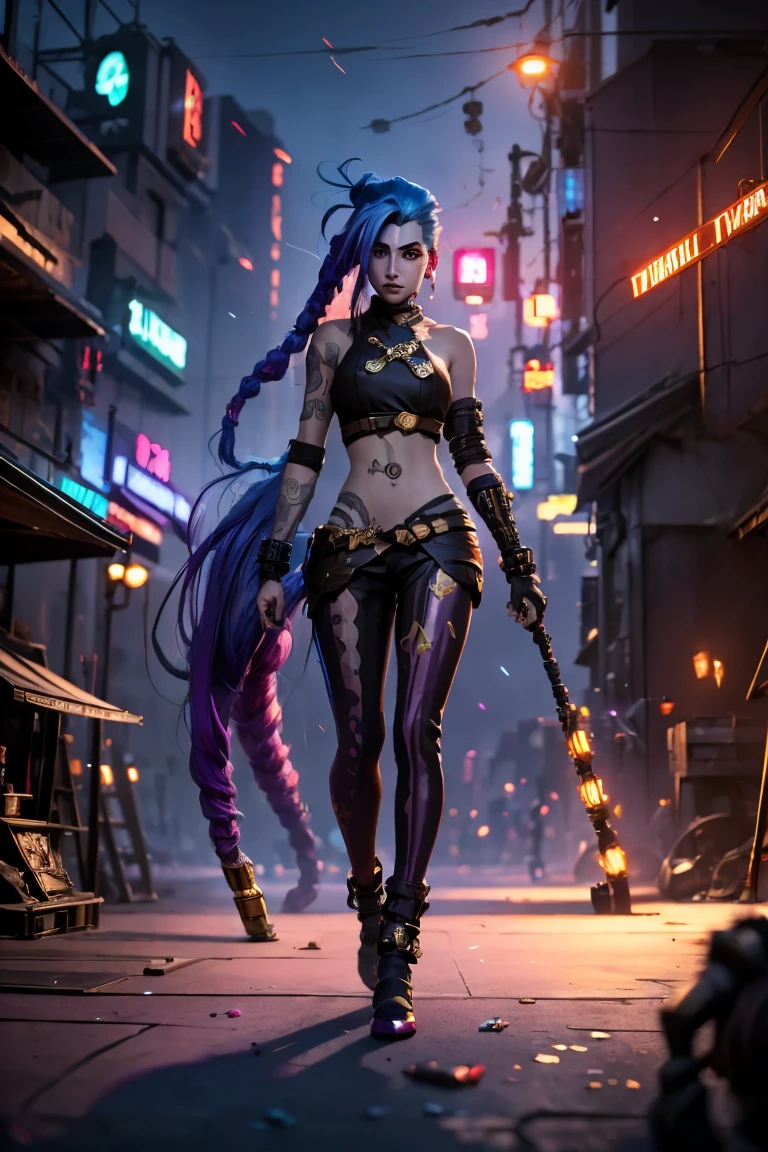 8k arcane style quality, digital drawing, jinx, league of legends, full body, in a cyberpunk city, masterpiece, rich colours, beautiful colours, rich shadows, rich light, natural shadow, ultra hd, high definition, vibrate colours 