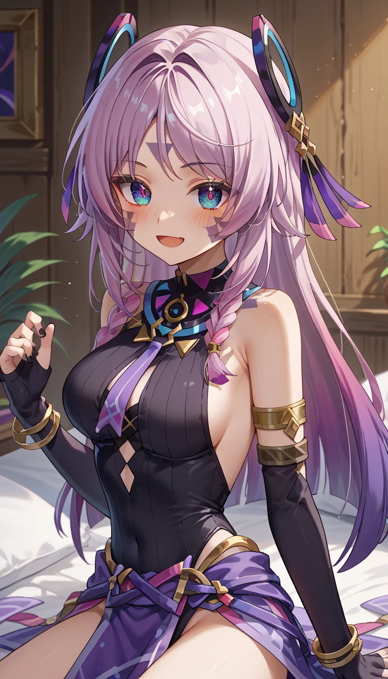  score_9, score_8_up, score_7_up,they read,  1 girl ,  Black Gloves ,  open her mouth ,  purple tie,  partially fingerless gloves,  viewer,  black leotard, （purple lunghy, purple waist cloth :1.5）,  gradient hair ,, armlet, bracelet,  jewelry,  medium breasts,  split bangs ,  Dynamic Poses:1.3), smile,,  bare shoulder ,  twin blades,  black shirt , hair intakes,  elbow gloves,  single fingerless gloves, ,  sleeveless, Face paint , シングル elbow gloves, black nail ,, (Wariza 1.5) , ( bedroom, White cushion:1.4), blush, 

