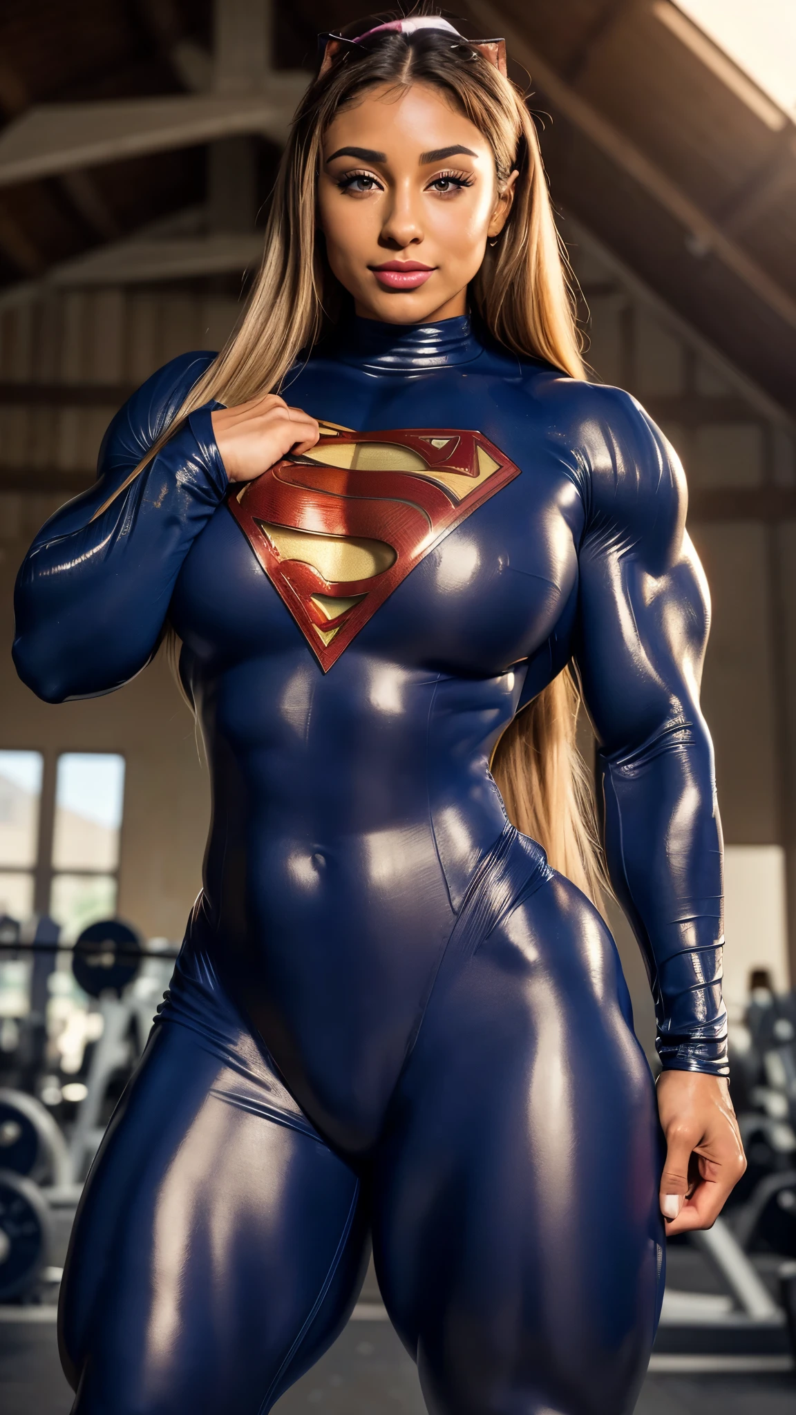 (((SKINTIGHT GLOSSY ZENTAI CATSUIT BODYSUIT))) nijistyle, Cowboy shot of beautiful woman in Superman costume, Long Blonde Hair, Heroic, Glowing blue eyes, Cape, Particle, Red boots, Sexy Pose, large udder, nigh sky, Countless stars, Raise one hand, flying pose, ifbb pro bodybuilder, beautiful makeup and long lashes, tattoos, wearing a sinfully tight revealing dress, high heels, extremely long brown hair with blonde streaks, huge cleavage, ultra high detail, bodybuilding stage detail, photo quality, beautiful girl, best quality, ultra-detailed, masterpiece, finely detail, realistic skin texture, 85 mm art lens, f 1.2, sharp focus, 8 k high definition, insanely detailed, intricate, shallow depth of field, sharp focus on the subject, well balanced exposition. detailed face, 35mm lens, (lipstick) gorgeous girl, smile, sexy, dark skin, jacked VASCULAR POWERFUL body, various poses. sharp focus,A beautiful youthful looking American version of Ariana Grande as a 20 years old girl with long hair with a ponytail. American inspired superhero wearing her costume suit witch looks like a comic superhero suit. she is smiling for the camera (massive muscles:1.2), (best quality:1.4), highly detailed illustrations, ((1 Girl)) , ((veins bulging:1.4)) official art, unity 8k wallpaper, ultra detailed, beautiful and aesthetic,(huge arms:1.9) best quality, (SUPER STRONG:1.1) , intricate detail,((bulking:1.9)),(MASSIVE round SHOULDERS:1.9,(pro body builder:1.9), muscular, PECS, sexy, 6 abs, (bigger muscles than superman:1.1) (((CAMELTOE)))