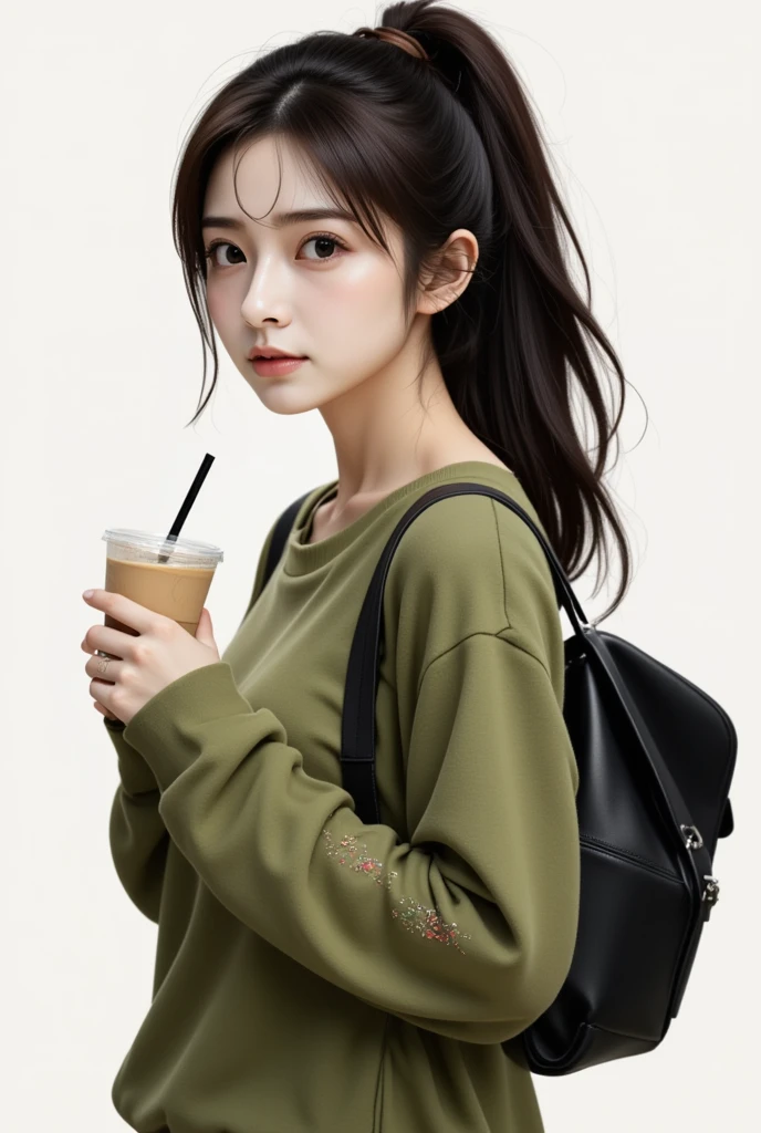 ((UHD)),Stylized portrait of an East-Asian young woman with a casual yet trendy appearance, wearing an oversized olive-green sweater with subtle embroidered details on the sleeves. She has long, wavy black hair tied into a loose, high ponytail, with a few strands framing her face. Her expression is calm and slightly thoughtful as she sips from a cup with a black straw. A large black backpack hangs over her shoulder, adding to her casual, streetwear-inspired look. The background is minimal and clean, emphasizing the character's details. The artwork features intricate textures, soft lighting, and a modern, illustrative style, blending contemporary fashion with anime-inspired aesthetics. The overall atmosphere is relaxed and youthful.