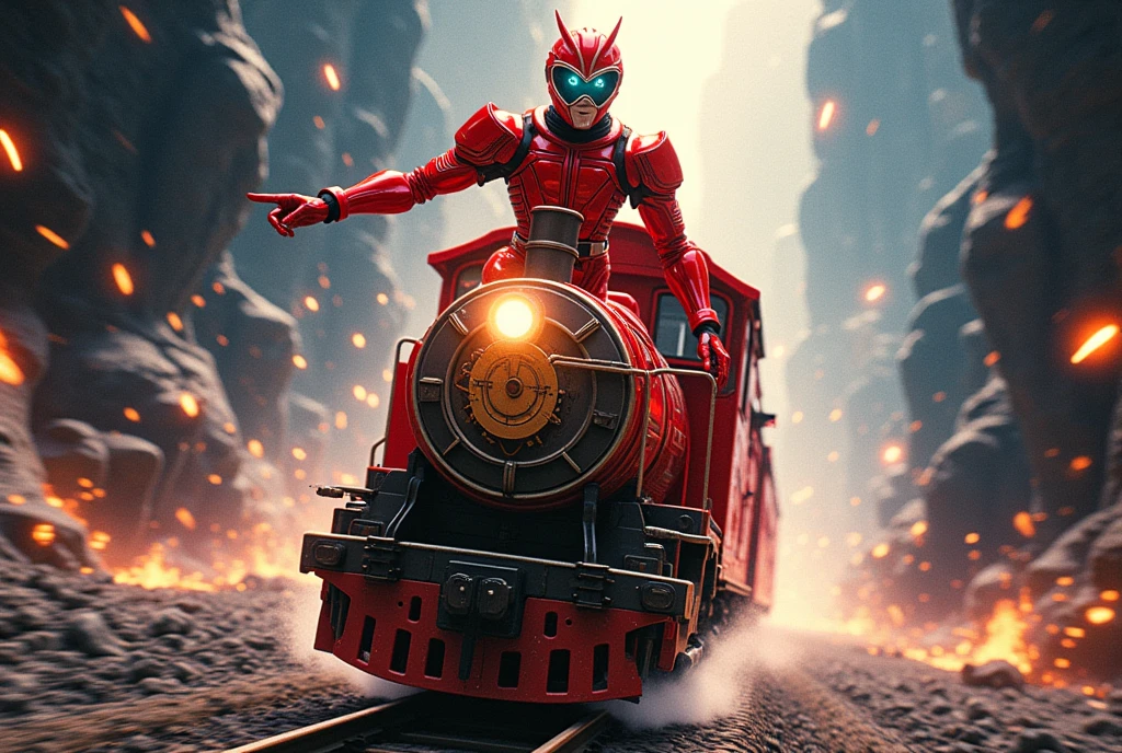 Train running through another dimension , 列車の先頭に赤い衣装のSentai Heroが乗っている, Sentai Hero,  red makeover suit , Special Effects, Pointing in the direction of travel,  The hero's eyes are track-shaped goggles ,  A pattern like a route map is drawn on the chest of the hero suit, cowboy shot,  The light runs through the dark , people々 memories flow like a running lamp , ((UHD, textured skin, high details, best quality,  highres icon))