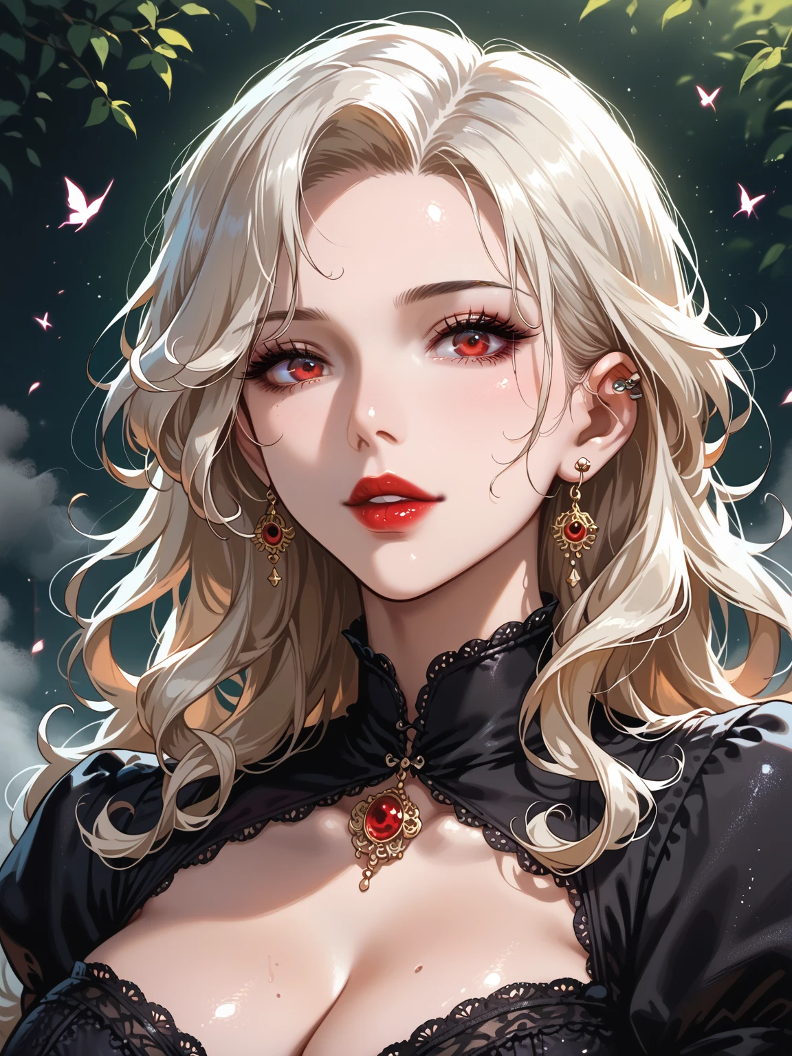 Masterpiece, upper body portrait, score_9, score_8_up, score_7_up,source_anime, Intellectual Cool Beauty, Long hair, curly white Hair, Lustrous Face, Compensating, piercing red Eyes, Large Piece, Black Gothic Bear Dress, parsed red lips, fluttering hair, milf, huge breasts, Dim Basement Background, Shading Effect, Gradient Magic Effect, soft light, Fog Filter Effect, Glitter Effect Great Effects, (Super Detail, High Resolution, Best Quality), Delicate and Dynamic