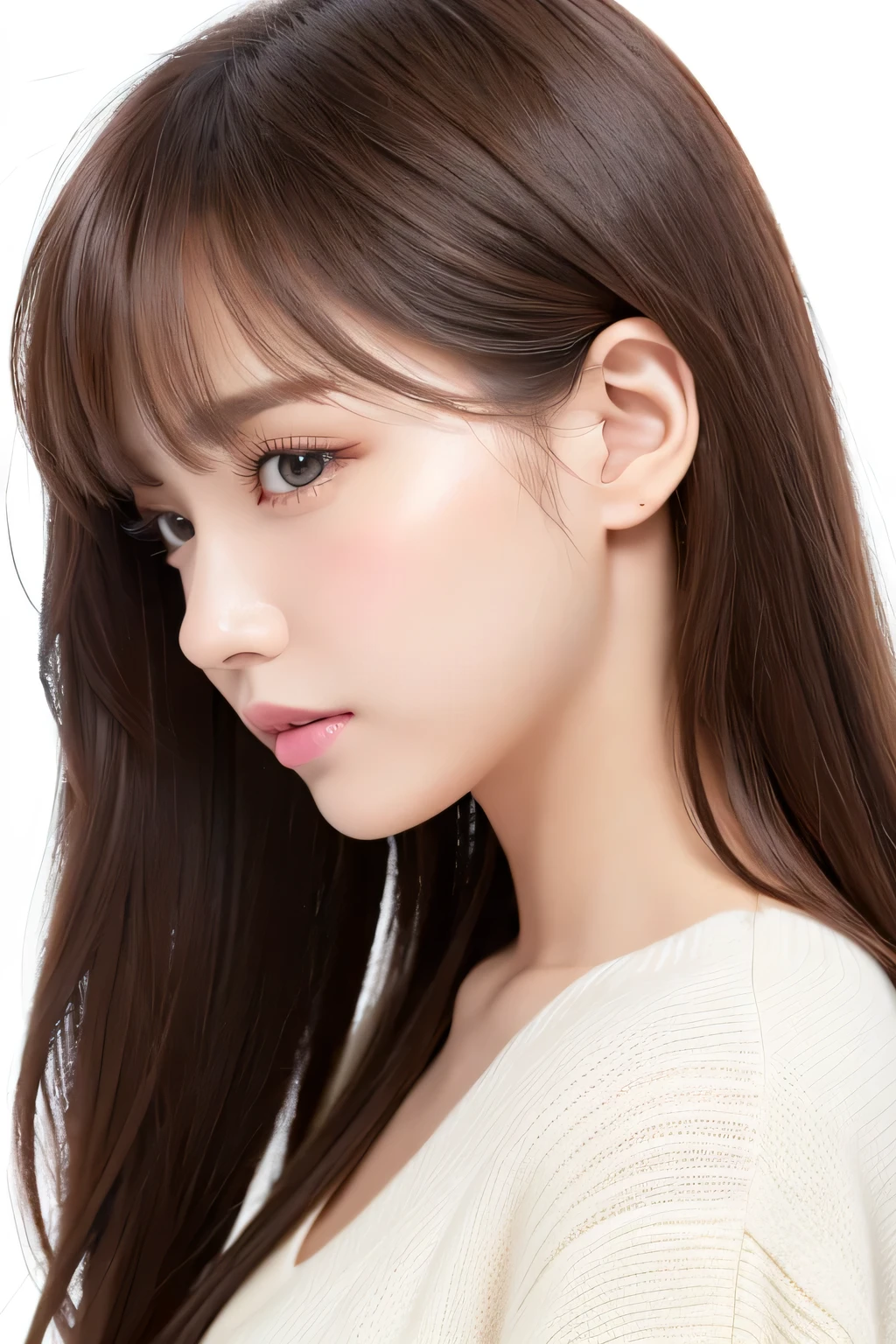 ( best quality 、 table top naked underneath the jacket、8k、 Max image 、 Award-winning works )、(( profile:1.4))、、(( long hair:1.46)),( brown hair)、(white casual clothes :1.2)、( simple pure white background :1.3)、(Perfectly fixed in front:1.1),( Portrait with Space:1.2)、 back view、Beautiful and exquisite、 Completely-valid、 super high definition beautiful face、 ultra HD hair、Ultra HD Shining Eyes、 short bob、 super high quality glossy lips、 accurate anatomy、 very beautiful skin 、(Pure white skin shining in ultra-high resolution:1.1)、(Very bright:1.2), BIG NATURAL COLOR LIPS、 lip gloss ,Harajuku、cute、Cute Beauty