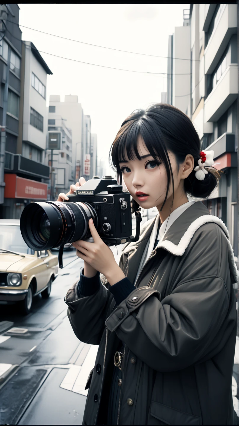A young girl with a camera in hand, army green clothes, and sunglasses