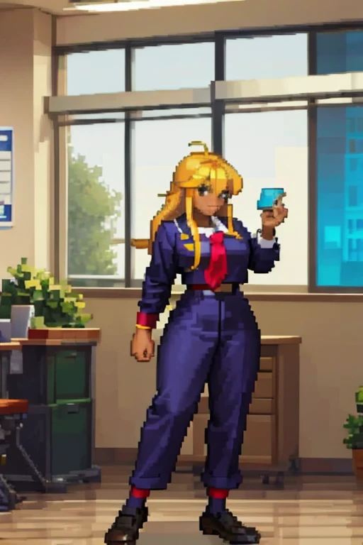 a black woman with blond hair , with teacher clothes in a classroom from the 2000s.  with a full body.
