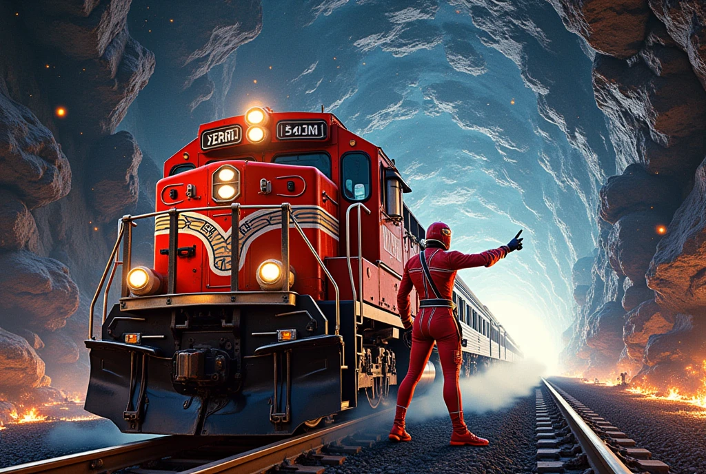 A train running through a different dimensional space in the dark , 列車の先頭に赤い衣装のSentai Heroが乗っている, Sentai Hero,  red makeover suit , Special Effects, Pointing in the direction of travel,  The hero's eyes are track-shaped goggles ,  A pattern like a route map is drawn on the chest of the hero suit, cowboy shot,  The light runs through the dark ,  scenes from various ages are shown as backgrounds, ((UHD, textured skin, high details, best quality,  highres icon))